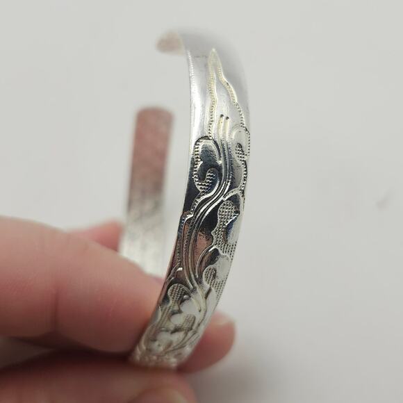 Marked 999 Fine Silver Floral Engraved Adjustable Open Cuff Bangle Bracelet - Picture 9 of 10